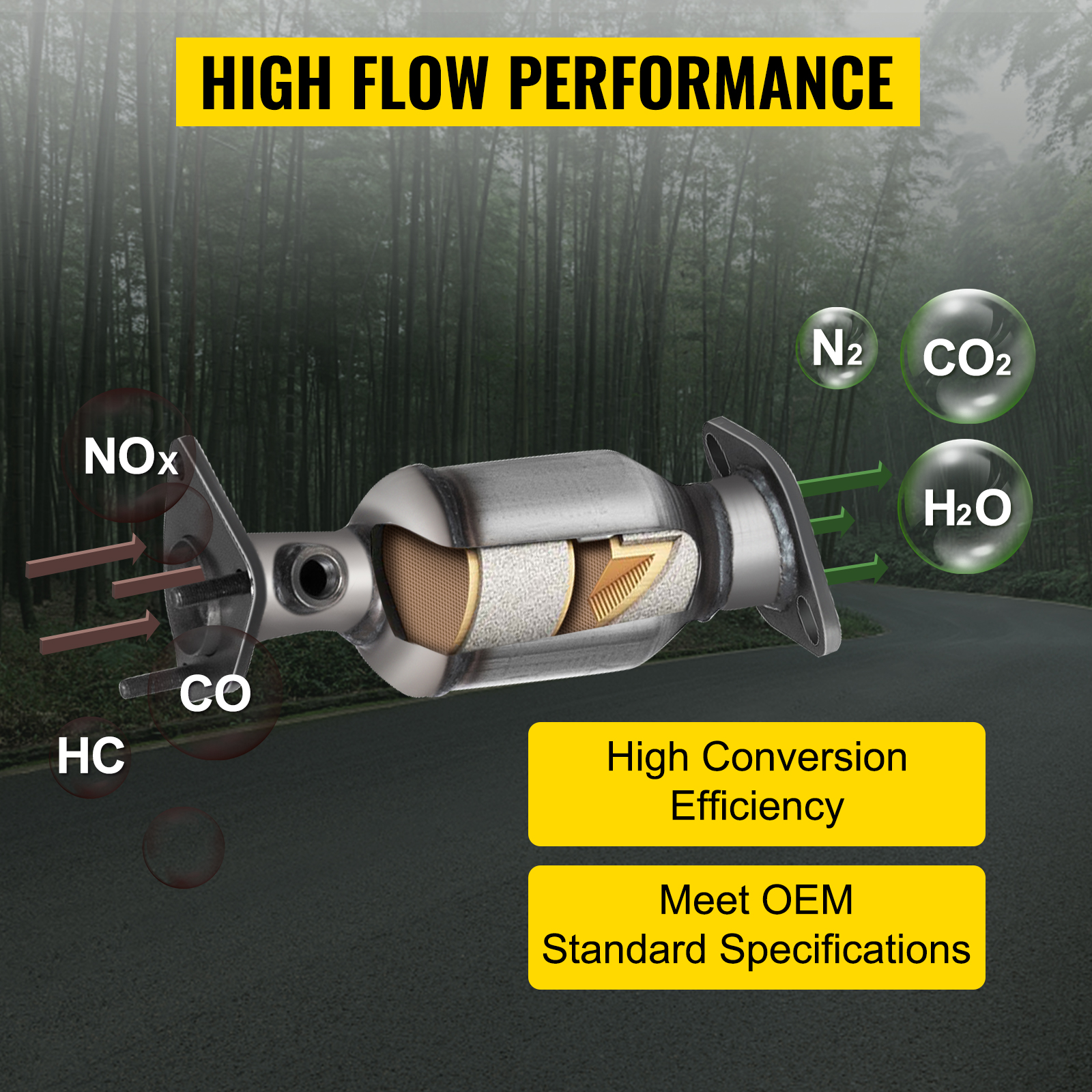 VEVOR exhaust manifold showcasing high conversion efficiency on a forest road.