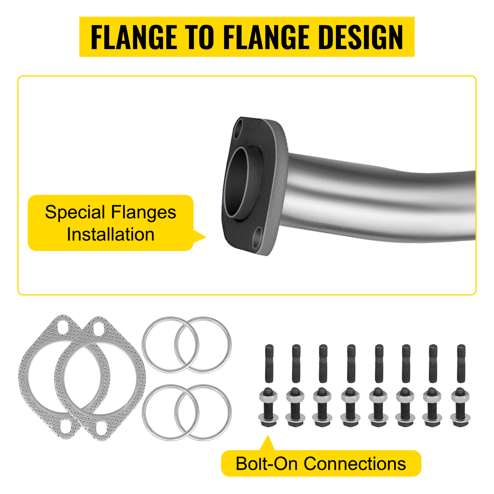 VEVOR exhaust manifold with flange-to-flange design, special flanges, and bolt-on connections.