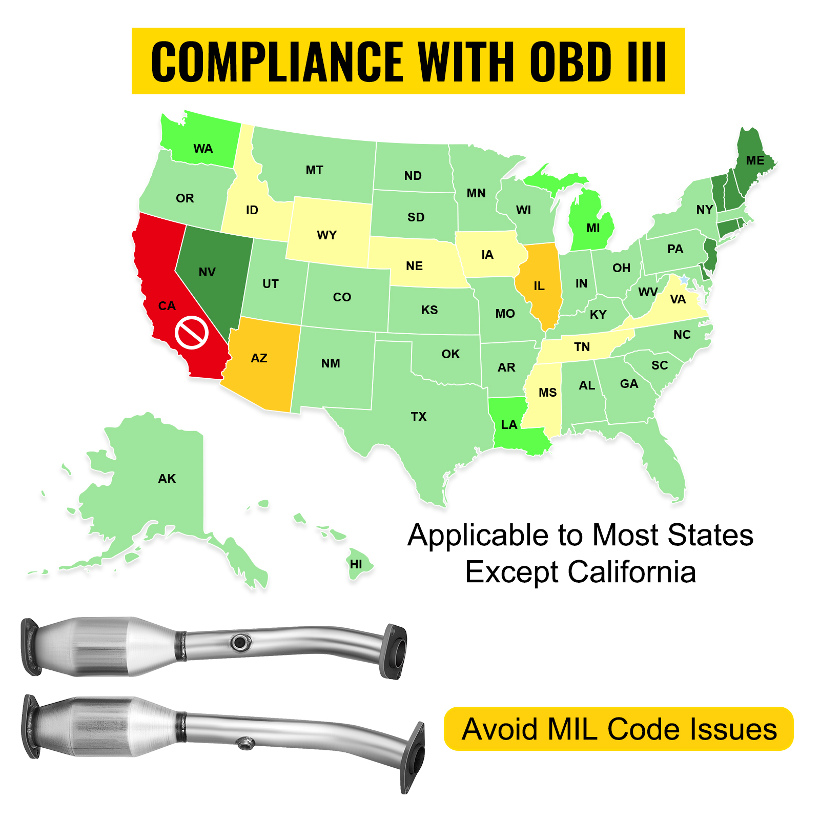 VEVOR exhaust manifold compliance with obd iii for most states except california