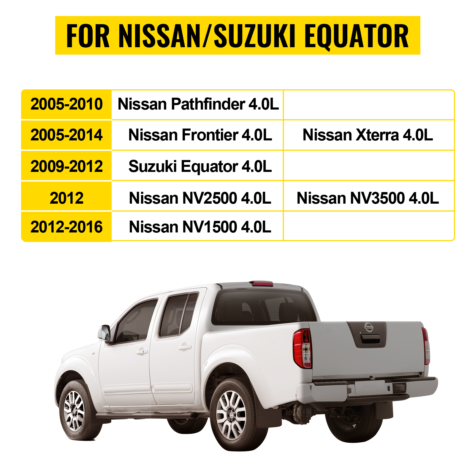 VEVOR exhaust manifold compatibility chart for nissan and suzuki equator models.