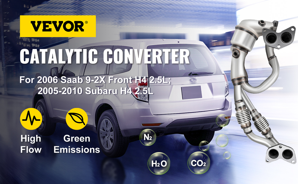VEVOR catalytic converter subaru, fits 2005-2010 h4 2.5l models, high flow, green emissions.