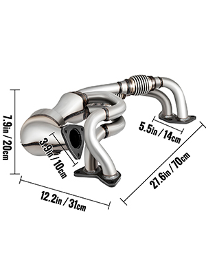 stainless steel VEVOR catalytic converter for subaru with dimensions marked.