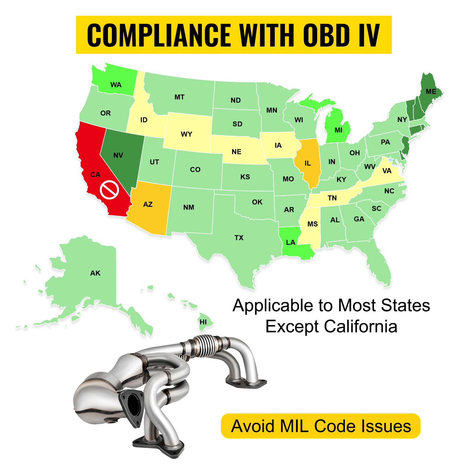 VEVOR catalytic converter subaru compliance map, excluding california. avoid mil codes.