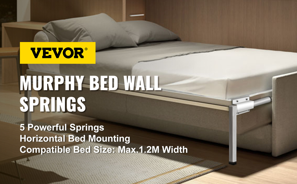 VEVOR murphy bed kit showing bed with wall springs and mounting details.