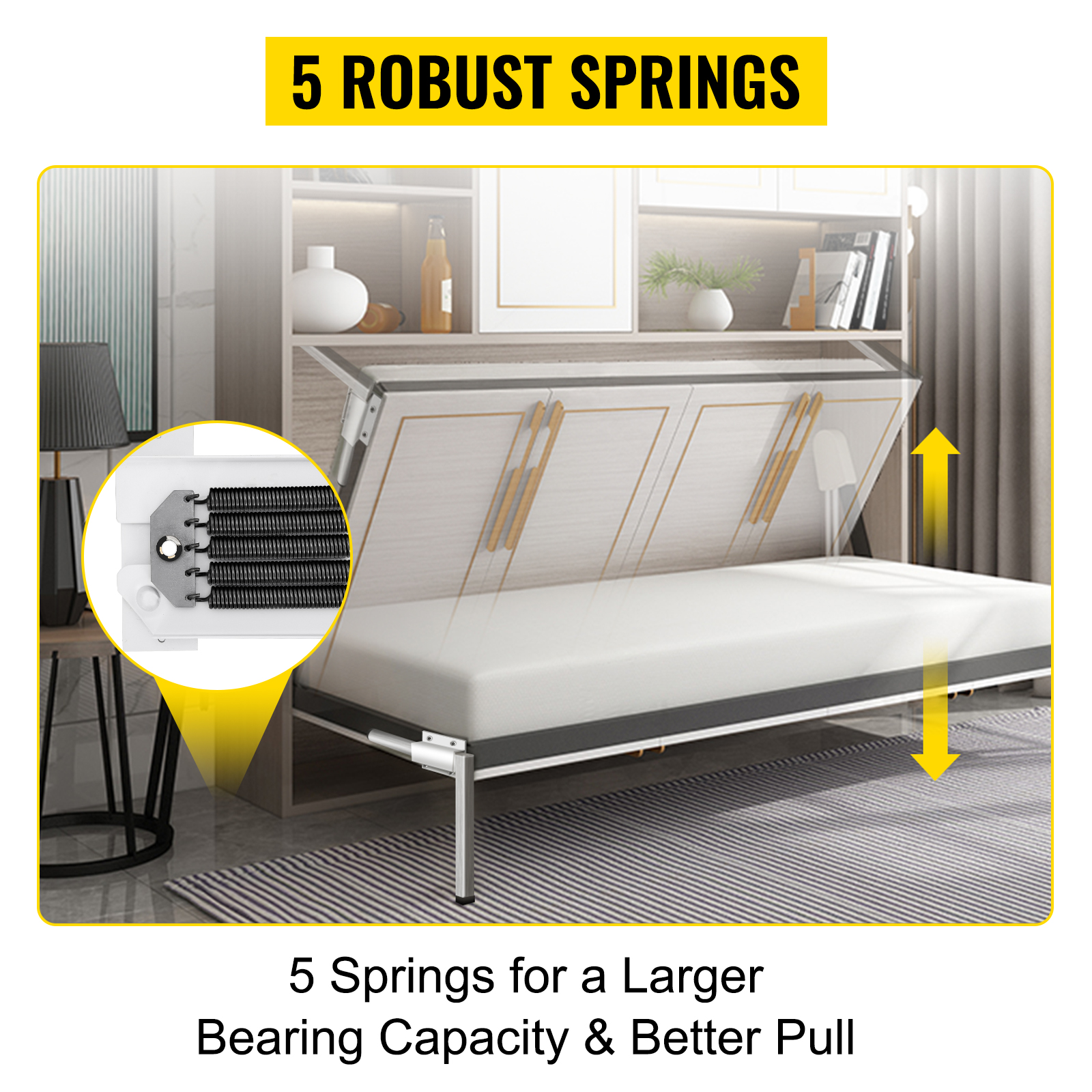 VEVOR murphy bed kit with 5 robust springs for better pull and bearing capacity.