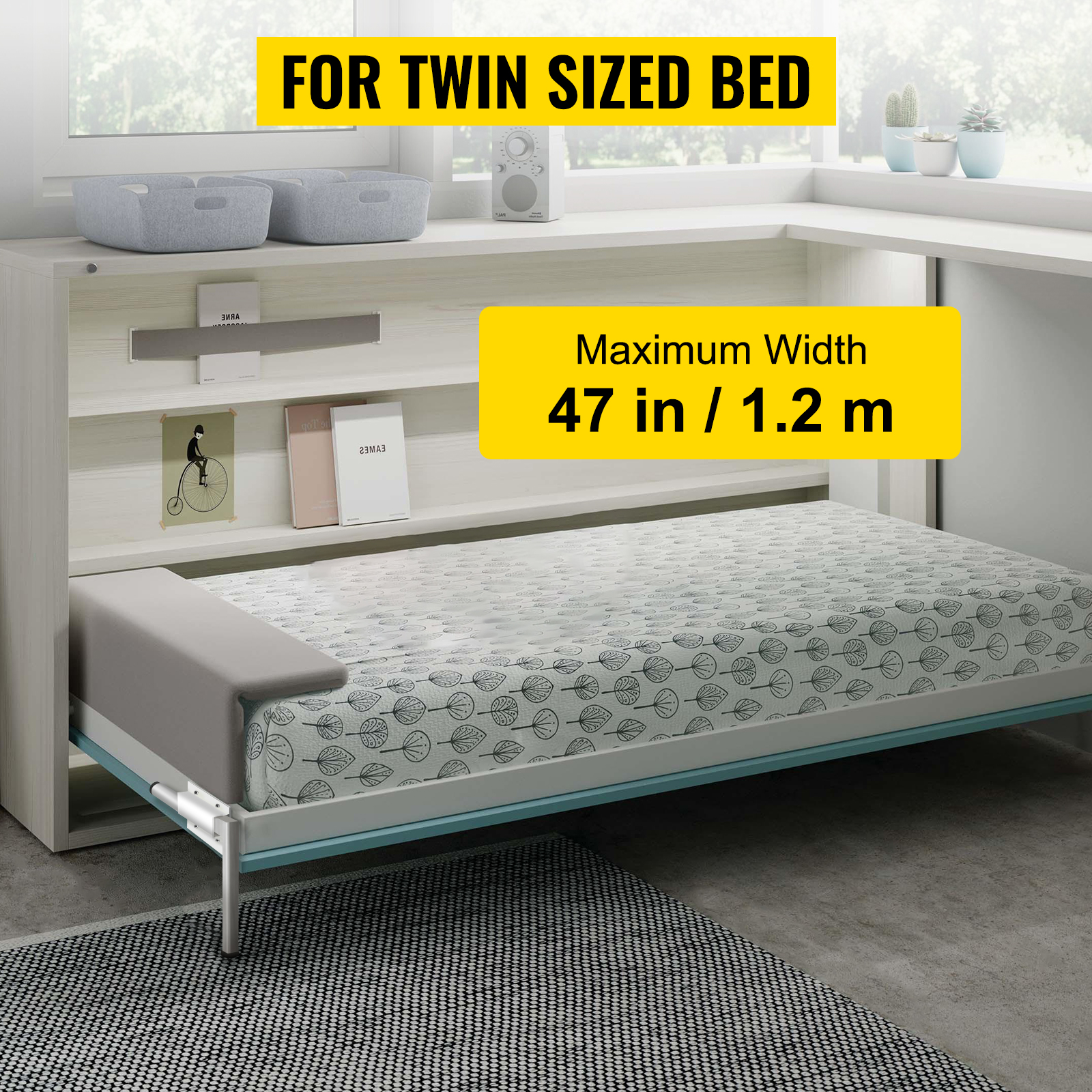 twin-sized VEVOR murphy bed kit with 47-inch max width and white shelving.