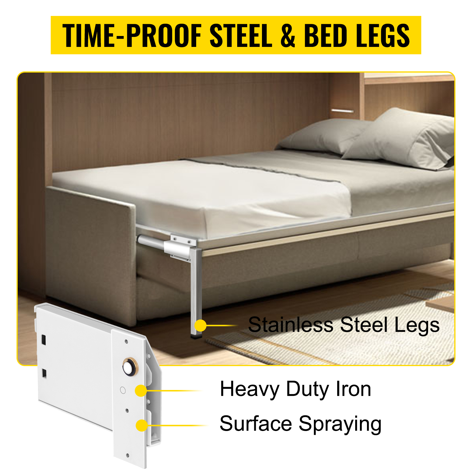VEVOR murphy bed kit with stainless steel legs, heavy-duty iron, and surface spraying.