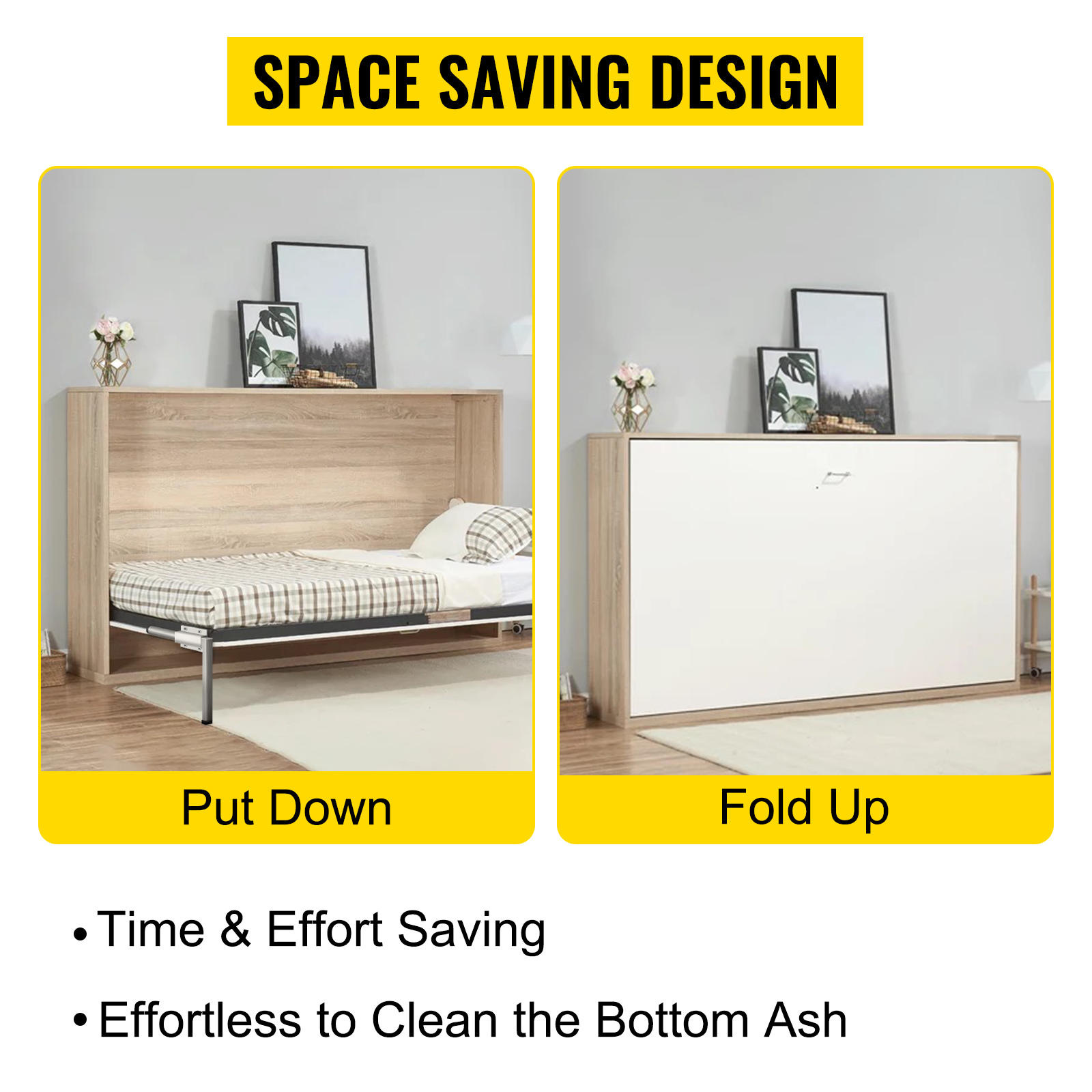 VEVOR murphy bed kit showing bed put down and folded up, highlighting space-saving design.