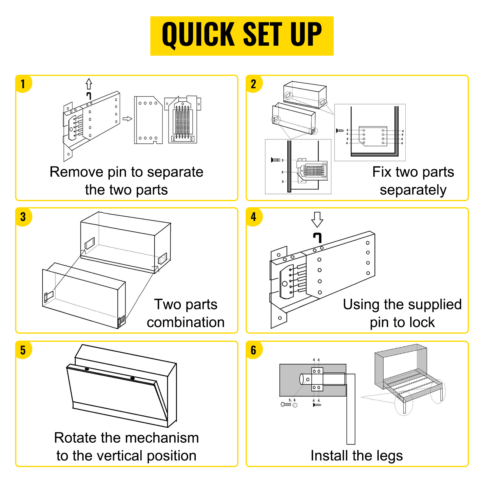 quick setup guide for VEVOR murphy bed kit, assembly steps from pin removal to leg install.