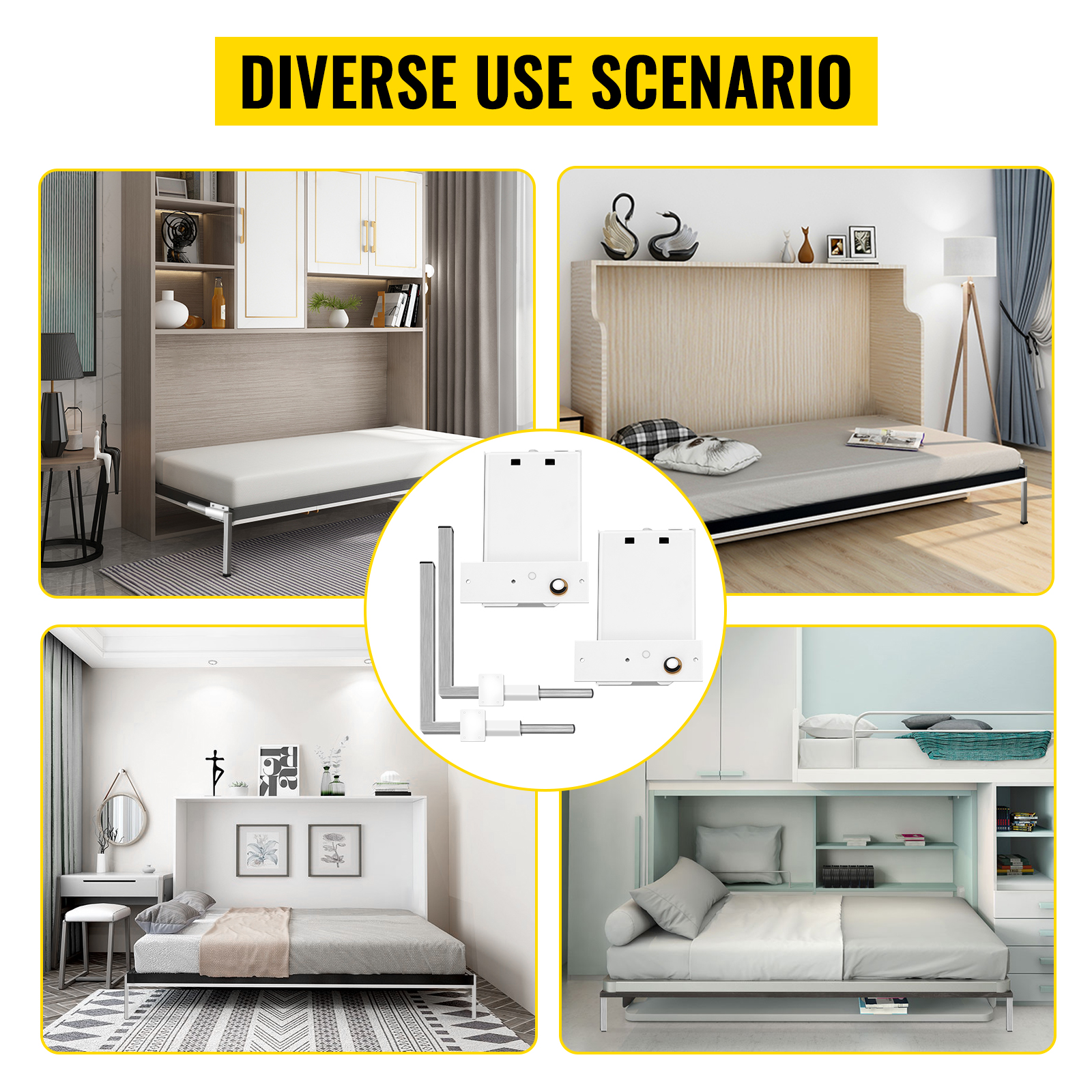 VEVOR murphy bed kit in diverse room setups: living room, bedroom, guest room, study.