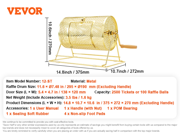 VEVOR raffle drum, metal, holds 2500 tickets or 100 balls, size 14.8×10.7×10.6 in, handle included.