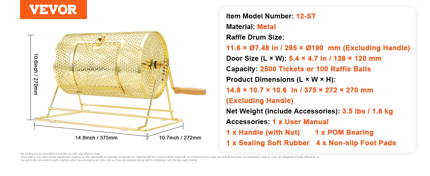 VEVOR raffle drum, metal, holds 2500 tickets or 100 balls, size 14.8×10.7×10.6 in, handle included.