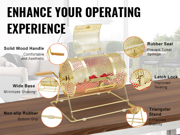 VEVOR raffle drum with solid wood handle, wide base, rubber seal, latch lock, and triangular stand.