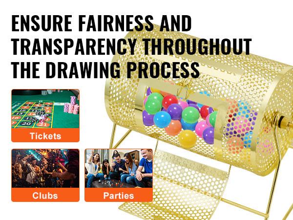VEVOR raffle drum with colorful balls, ensuring fair and transparent drawing process for tickets, clubs, and parties.