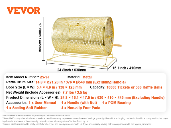VEVOR raffle drum, metal, 14.8"xø21.26", capacity 10,000 tickets, dimensions 24.8"x16.1"x17.5".