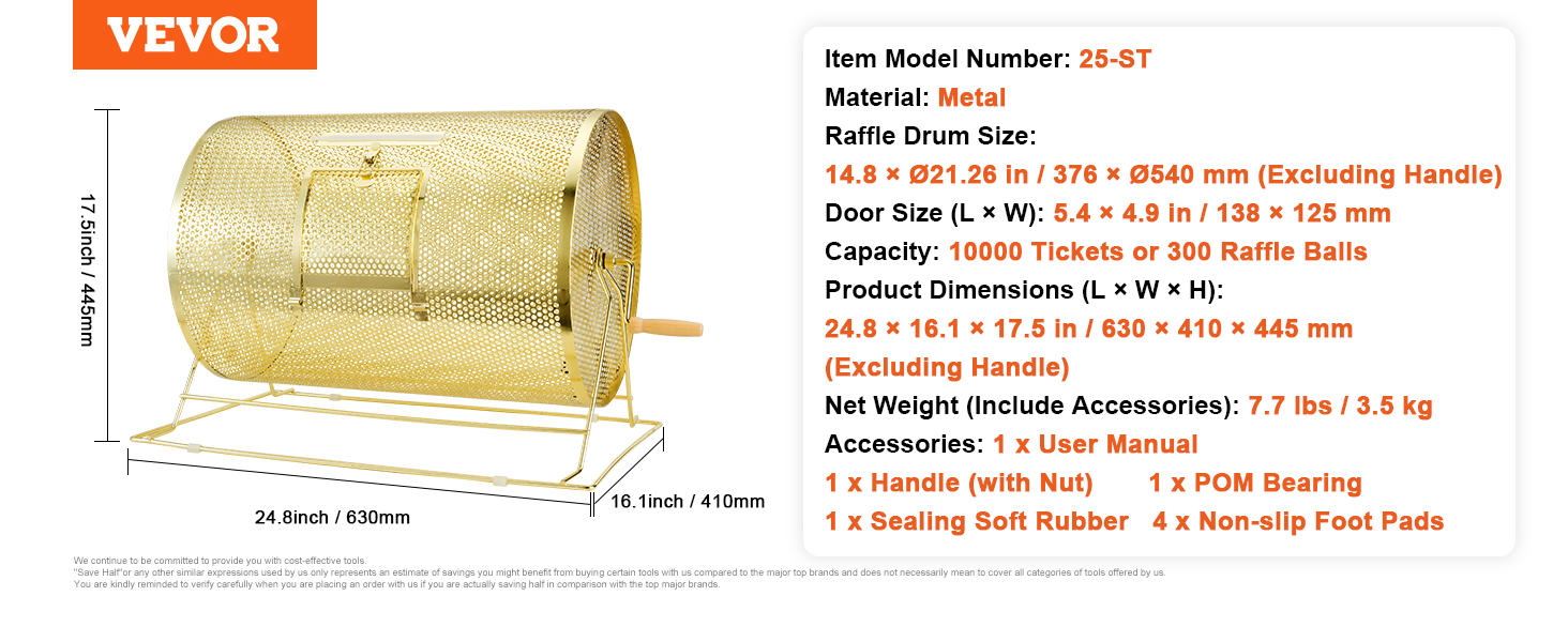 VEVOR raffle drum, metal, 14.8"xø21.26", capacity 10,000 tickets, dimensions 24.8"x16.1"x17.5".