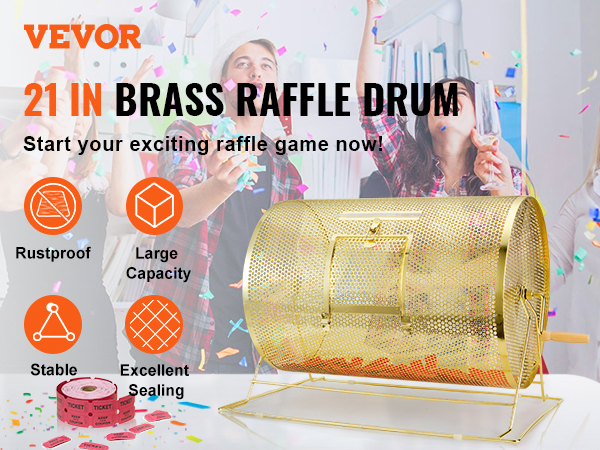 VEVOR raffle drum with large capacity, rustproof brass, stable design, and excellent sealing for exciting games.