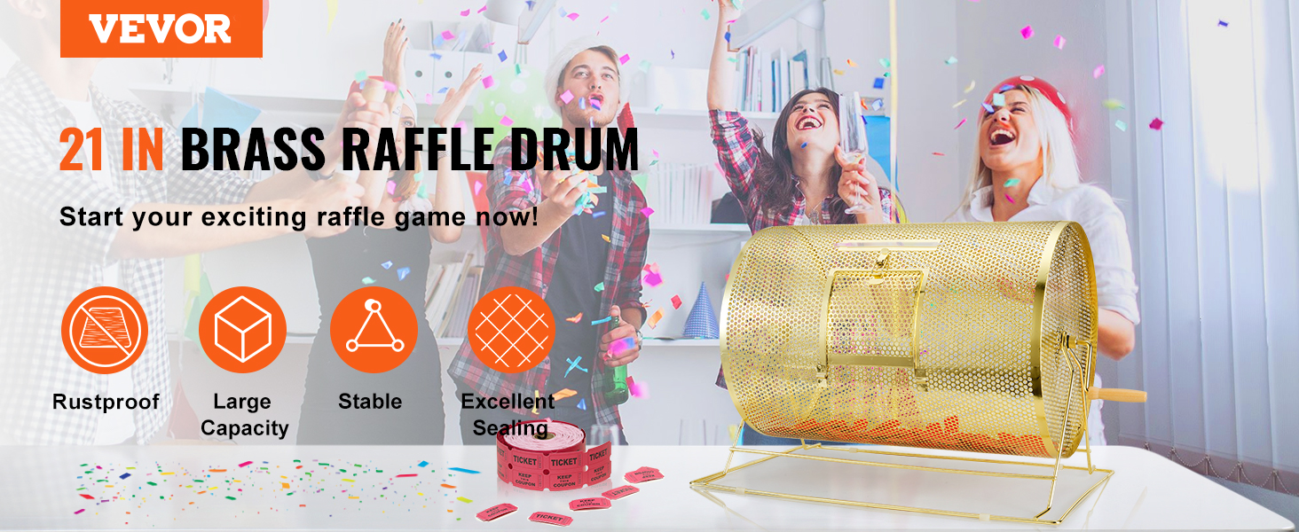 VEVOR raffle drum with large capacity, rustproof brass, stable design, and excellent sealing for exciting games.