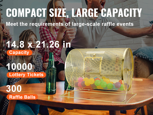 VEVOR raffle drum on a table, with people in the background, showcasing its capacity for 10,000 tickets.