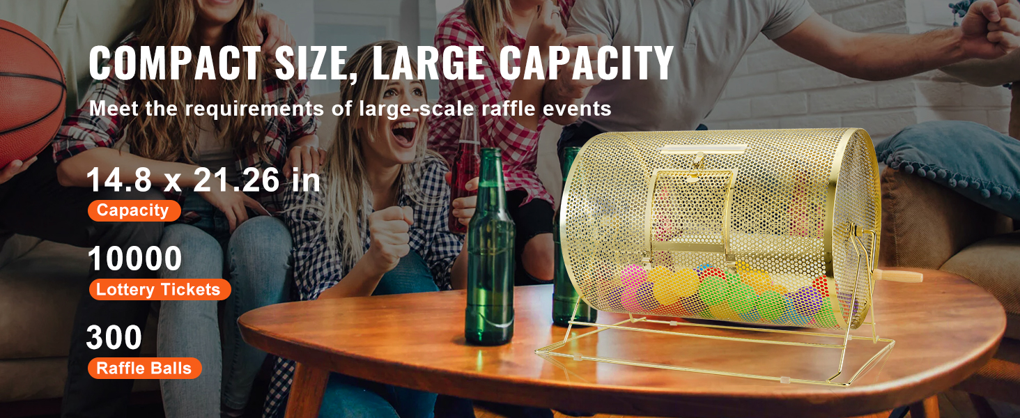 VEVOR raffle drum on a table, with people in the background, showcasing its capacity for 10,000 tickets.