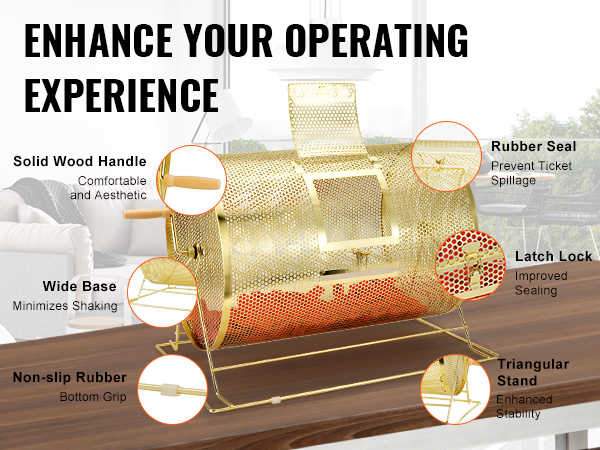 VEVOR raffle drum with solid wood handle, rubber seal, latch lock, wide base, and non-slip rubber.
