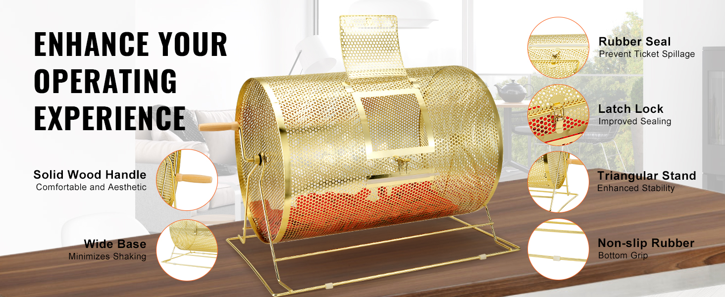 VEVOR raffle drum with solid wood handle, rubber seal, latch lock, wide base, and non-slip rubber.