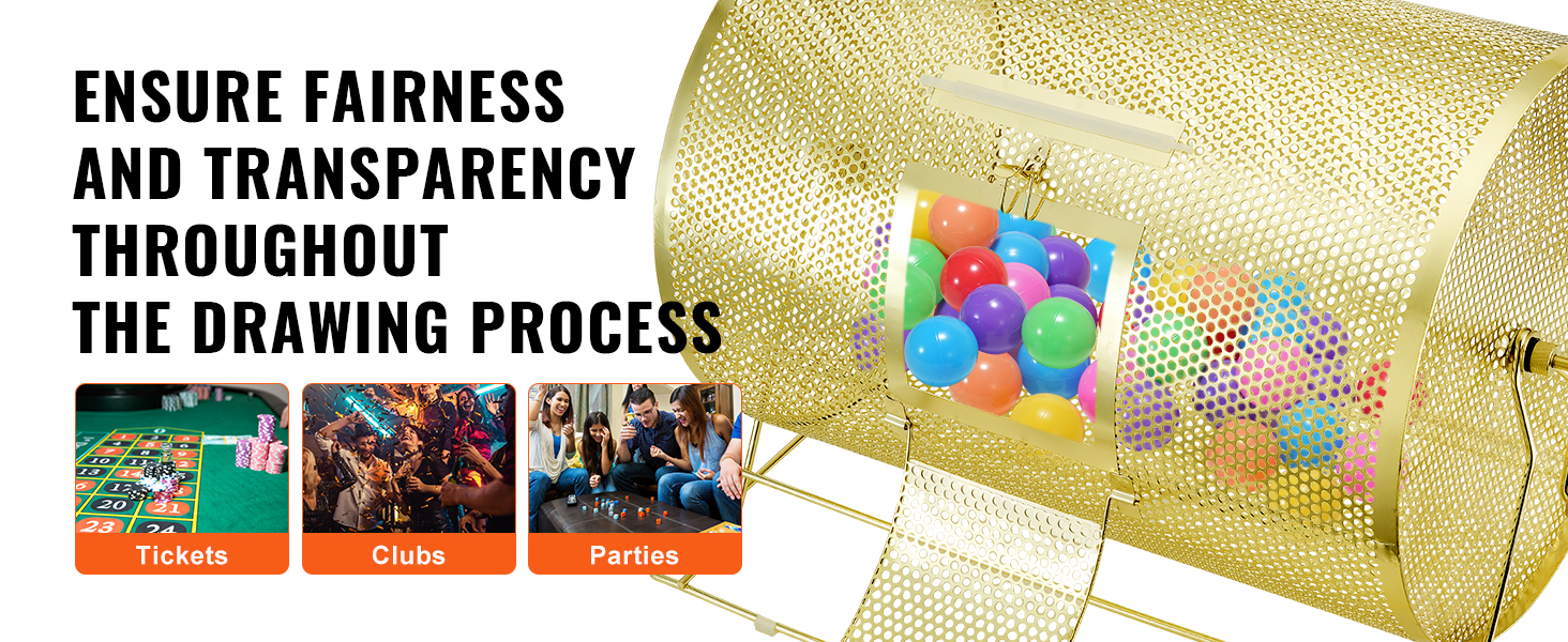 VEVOR raffle drum ensures fairness and transparency in drawing processes for tickets, clubs, and parties.
