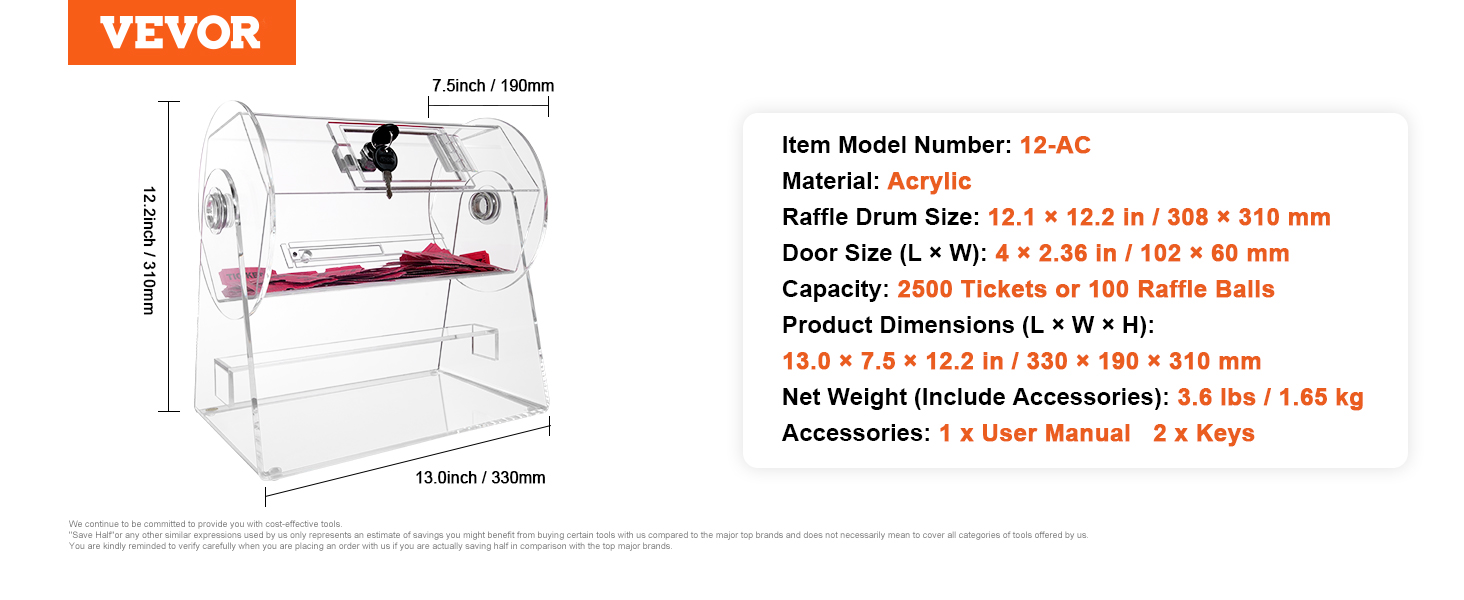 VEVOR acrylic raffle drum with 2500 ticket capacity, model 12-ac, dimensions 13 x 7.5 x 12.2 inches.