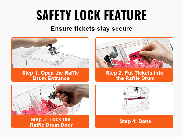 VEVOR acrylic raffle drum setup steps: open, insert tickets, lock door, done. safety lock ensures security.