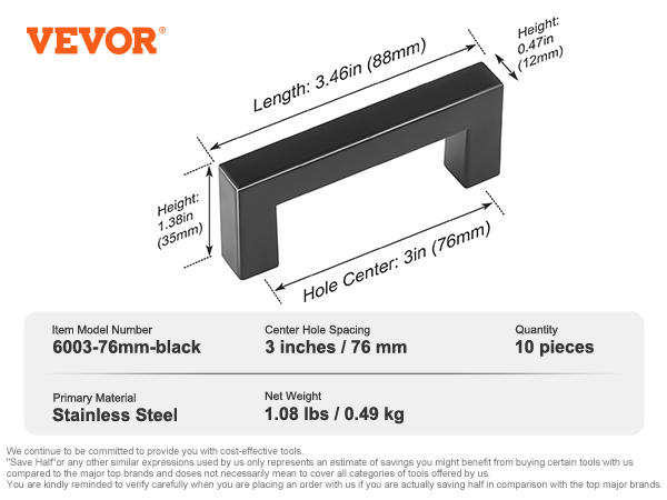 VEVOR cabinet pulls 6003-76mm-black, 3-inch hole spacing, stainless steel, 10 pieces, 1.08 lbs.