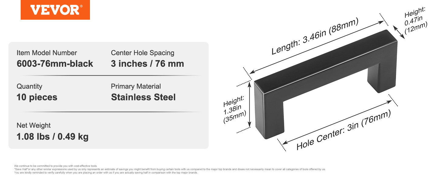VEVOR cabinet pulls 6003-76mm-black, 3-inch hole spacing, stainless steel, 10 pieces, 1.08 lbs.