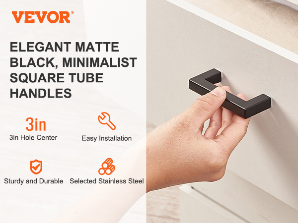 VEVOR 3in matte black cabinet pulls, minimalist square tube handles, durable stainless steel.