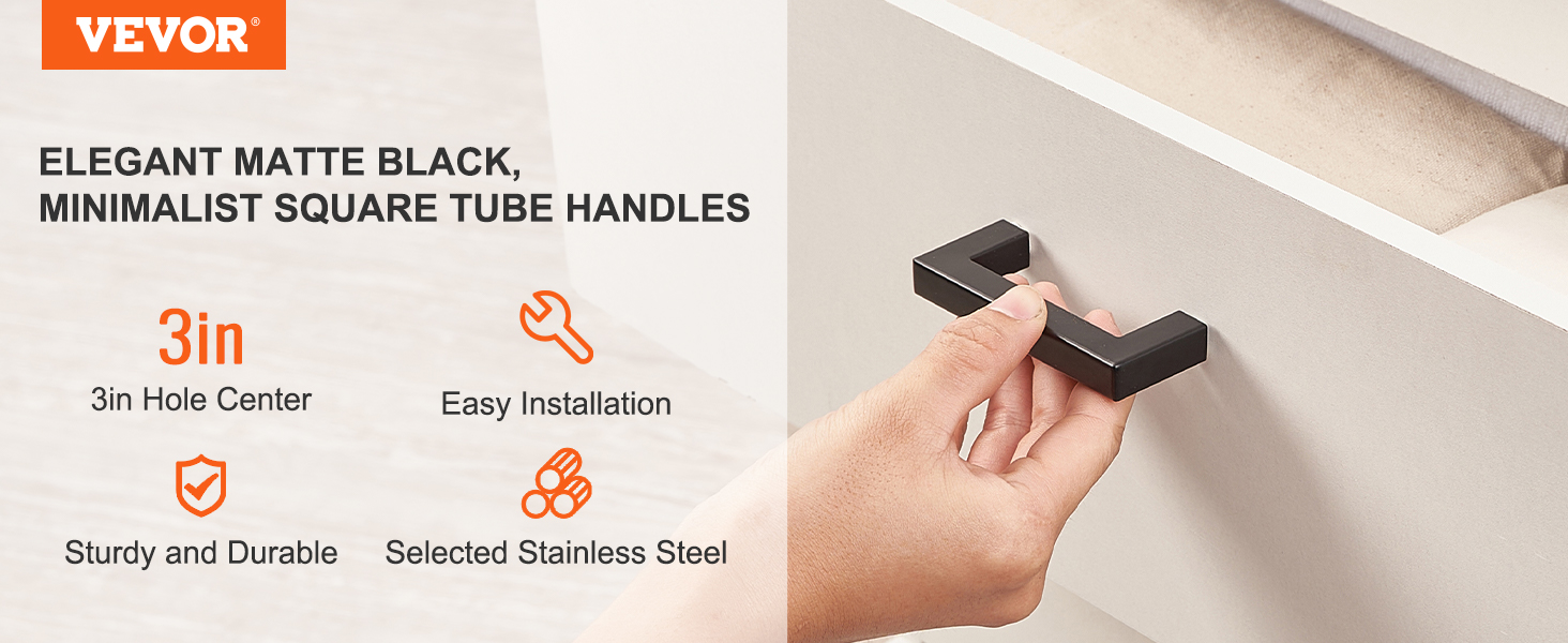 VEVOR 3in matte black cabinet pulls, minimalist square tube handles, durable stainless steel.