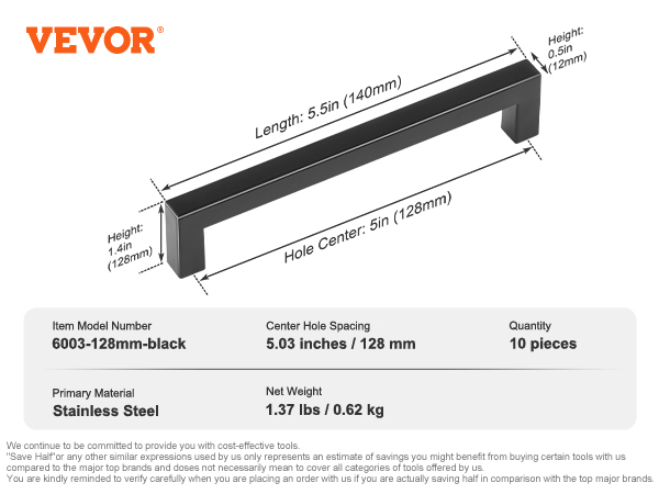 VEVOR cabinet pulls, model 6003-128mm-black, stainless steel, 10 pieces, 5.03 inch hole spacing.