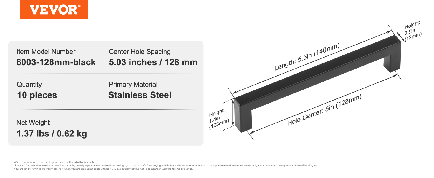 VEVOR cabinet pulls, model 6003-128mm-black, stainless steel, 10 pieces, 5.03 inch hole spacing.