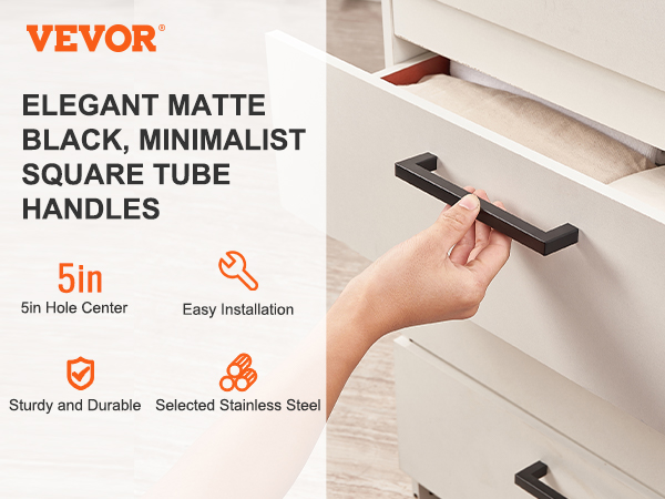 elegant matte black square tube VEVOR cabinet pulls, 5in hole center, easy installation, sturdy stainless steel.