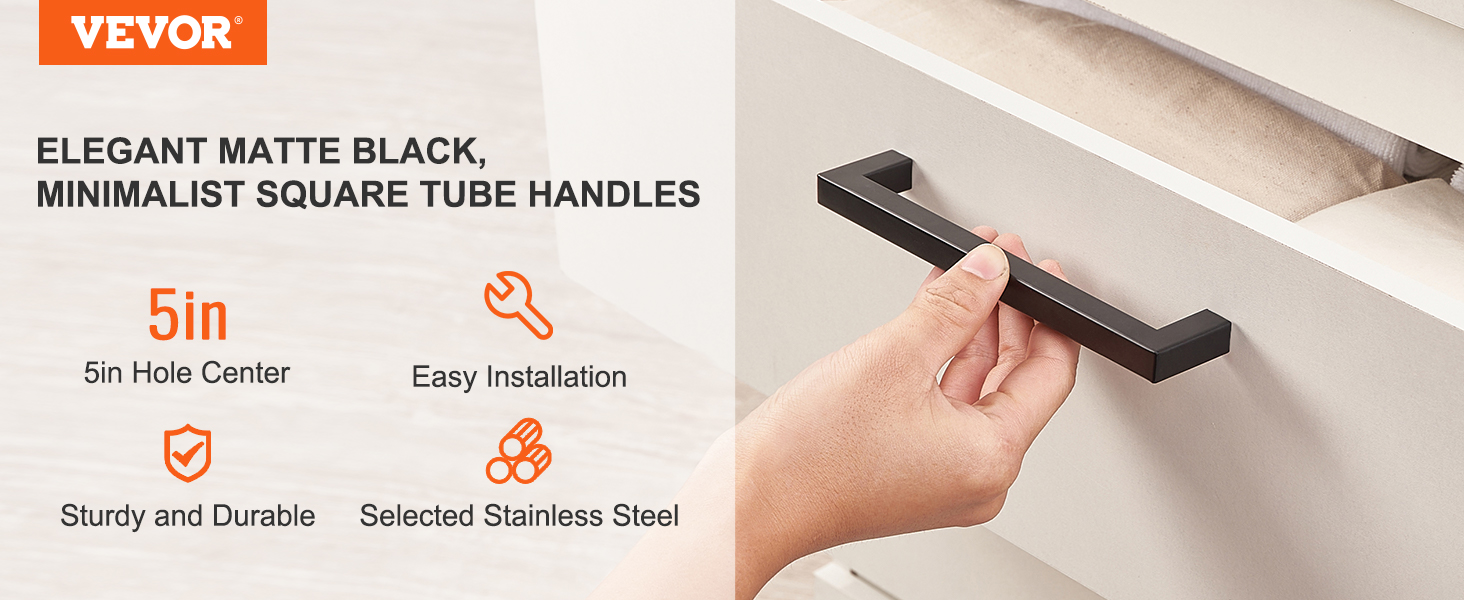 elegant matte black square tube VEVOR cabinet pulls, 5in hole center, easy installation, sturdy stainless steel.