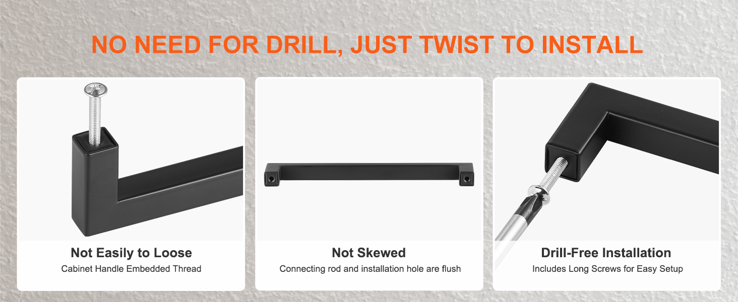 no need for drilling, just twist to install VEVOR cabinet pulls with embedded thread and long screws.