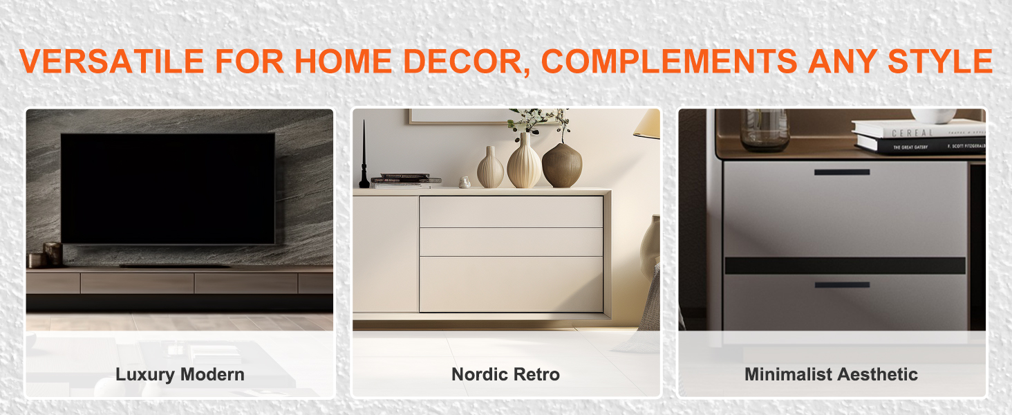VEVOR cabinet pulls showcased in luxury modern, nordic retro, and minimalist aesthetic home decor styles.