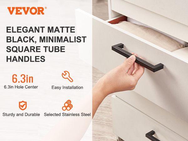 VEVOR cabinet pulls in matte black with easy installation, 6.3in hole center, and minimalist design.