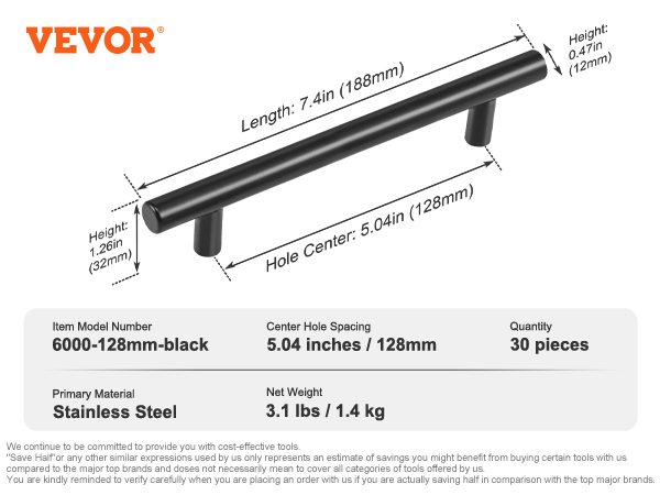 VEVOR cabinet pulls, stainless steel, 128mm center hole spacing, 30 pieces, 3.1 lbs per set.
