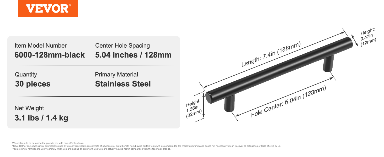 VEVOR cabinet pulls, stainless steel, 128mm center hole spacing, 30 pieces, 3.1 lbs per set.
