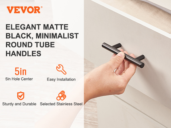 VEVOR cabinet pulls, matte black, minimalist round tube handles, sturdy stainless steel, easy installation.