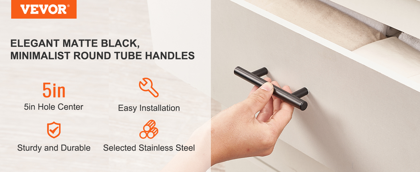 VEVOR cabinet pulls, matte black, minimalist round tube handles, sturdy stainless steel, easy installation.