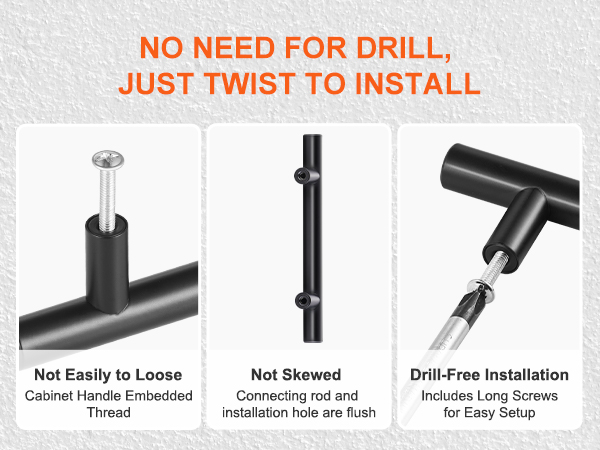 VEVOR cabinet pulls: quick twist install, flush fit, and secure screws for drill-free application.