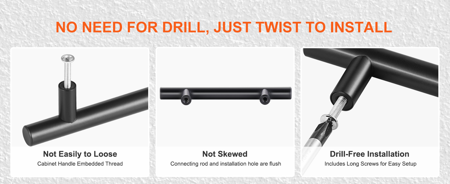 VEVOR cabinet pulls: quick twist install, flush fit, and secure screws for drill-free application.