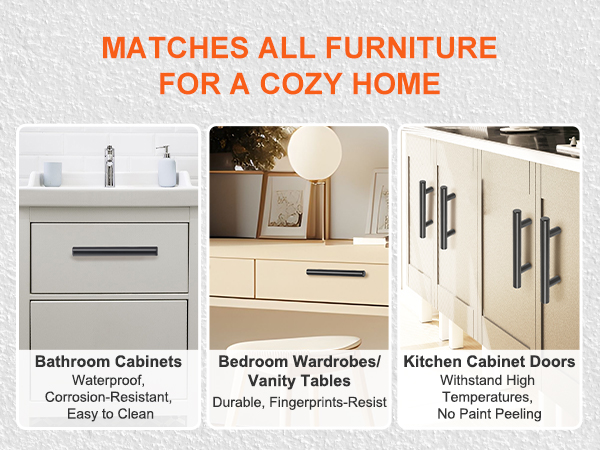 VEVOR cabinet pulls for bathroom cabinets, bedroom wardrobes/vanity tables, and kitchen cabinet doors.