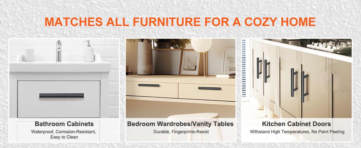 VEVOR cabinet pulls for bathroom cabinets, bedroom wardrobes/vanity tables, and kitchen cabinet doors.