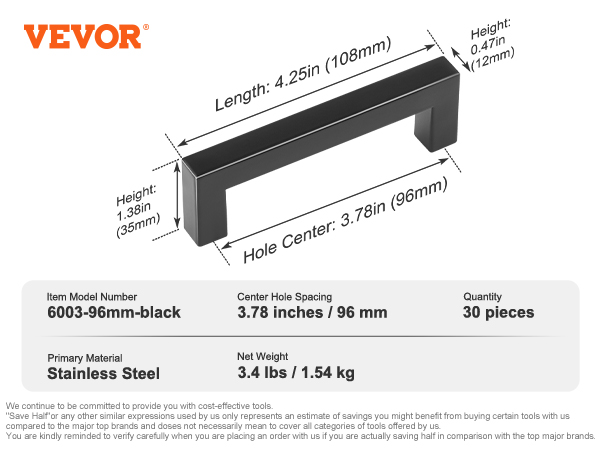 VEVOR cabinet pulls, stainless steel, 3.78-inch hole spacing, model 6003-96mm-black, 30 pieces, 3.4 lbs.
