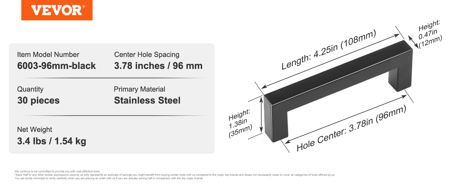 VEVOR cabinet pulls, stainless steel, 3.78-inch hole spacing, model 6003-96mm-black, 30 pieces, 3.4 lbs.